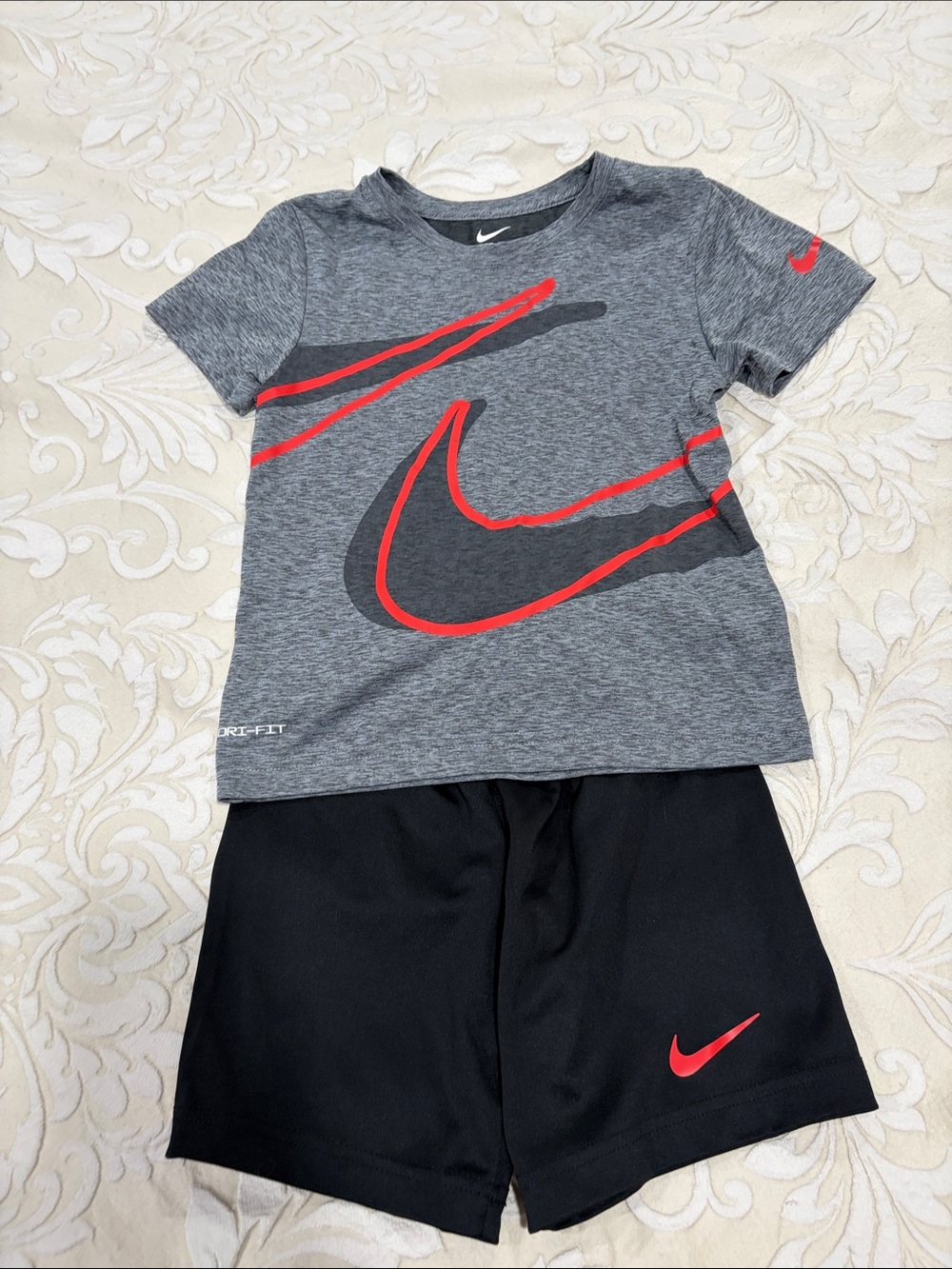 Nike Gray & Red Graphic Dri-FIT Tee with Black Shorts